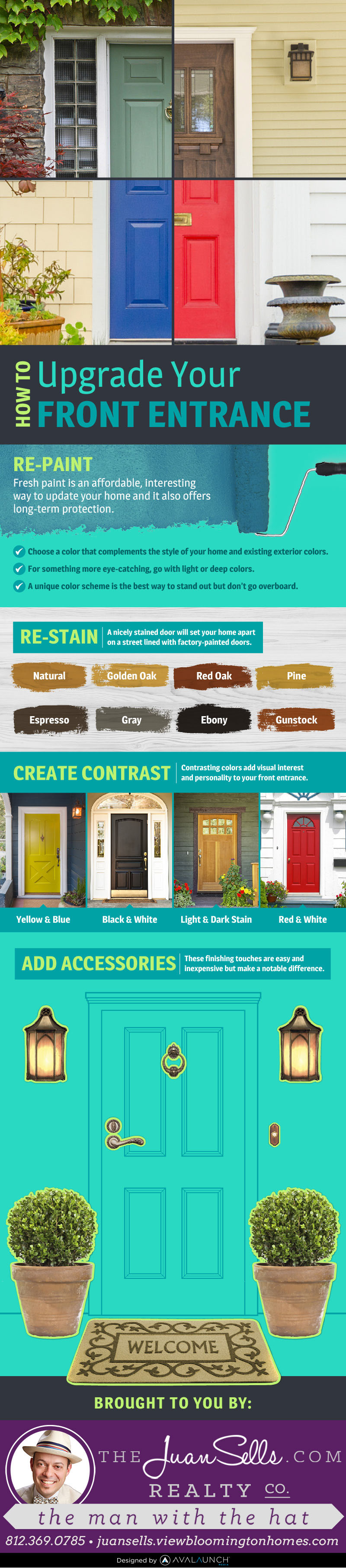 Update your front entrance using these easy tips. Painting/staining, lighting, and redecorating are the main ways you can redesign your front entrance.